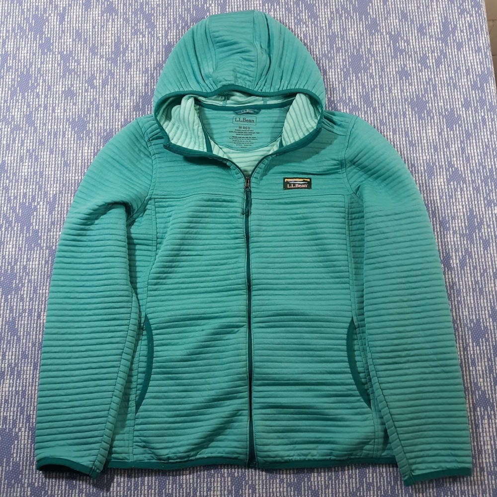 L.L. Bean Jacket Womens Medium Full Zip Outdoor Travel Hooded Seafoam Ribbed